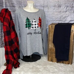 Modern Canvas Gray Long Sleeve Christmas Graphic Top